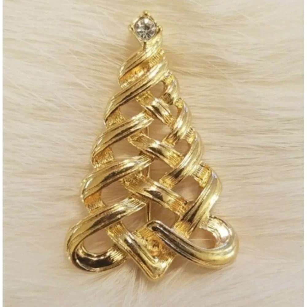 Vintage Avon Christmas Tree Brooch Pin Rhinestone Gold Tone Modernist MCM 4694